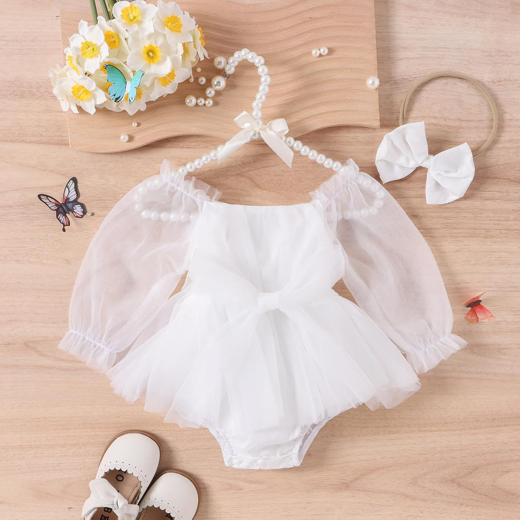 Baby Girl Romper Dress Flower Embroidery Tutu Princess Long Sleeve One-Piece Bodysuit Cake Smash Outfit