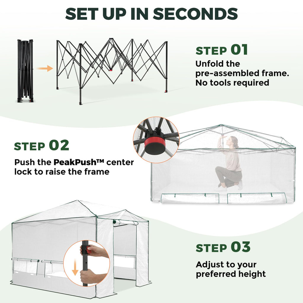 12x8 Easy Setup Pop Up Greenhouse, Support Pole, Clear/White