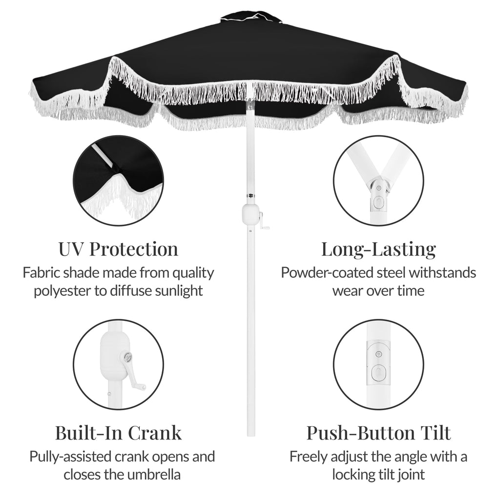 7.5ft Fringe Market Patio Umbrella - Outdoor Boho Tassel Sunshade for Table, Pool, Deck, Backyard - UPF50+, Easy