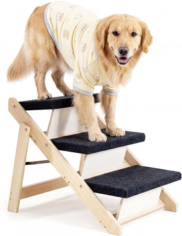 Wood Pet Stairs, 3-Step Dog Stairs for Beds, Couches & Cars, 19.5" H