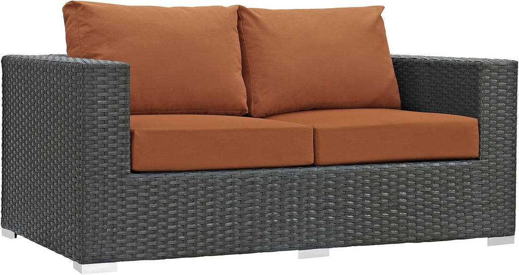 Sojourn Wicker Rattan Outdoor Patio Sunbrella Fabric Loveseat in Canvas Tuscan