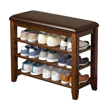 Shoe Bench with 3 Tier Adjustable Shelves Rubberwood Entryway 23.6''