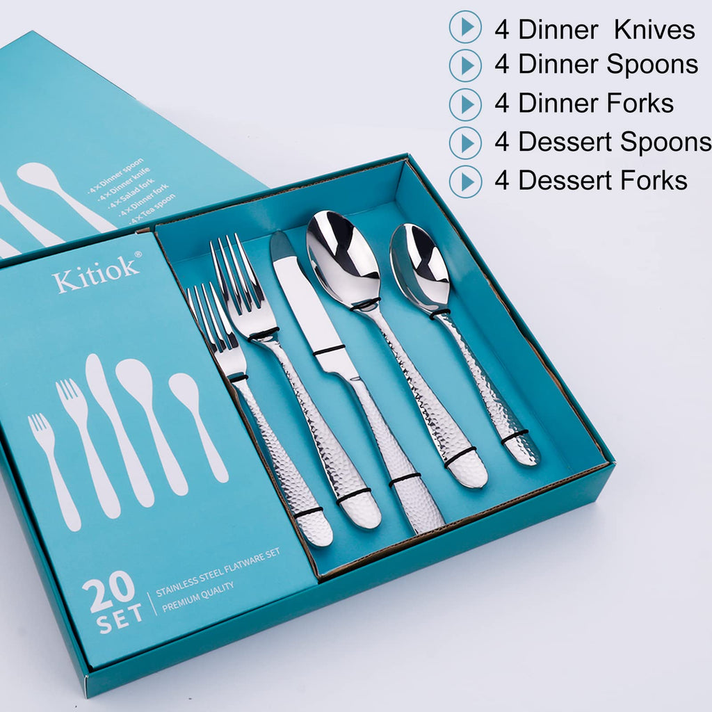 Hammered Silver Silverware Set, 20-Piece 18/10 Stainless Steel Flatware Set For 4, Fancy Cutlery Set Include