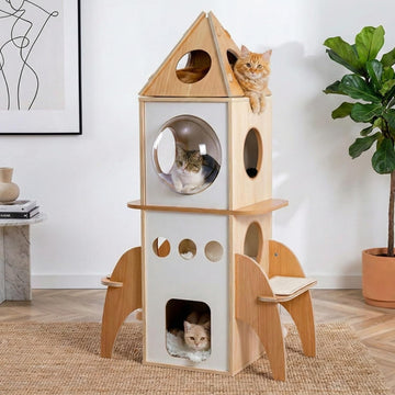 Modern Cat Tree Rocket Shape, 54" Wood Cat Tower Multilevel for Indoor Cats, Cat Furniture with 3 Condos, Dangling