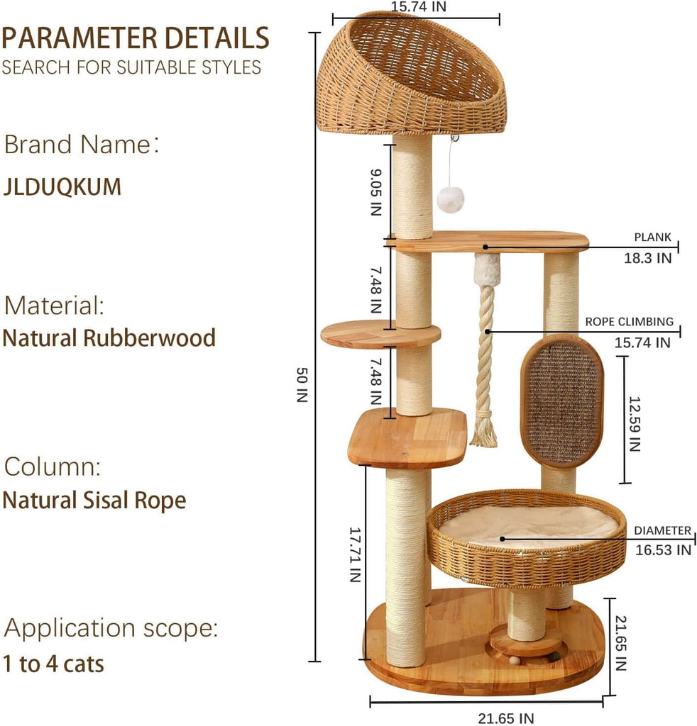 50 in Wooden Cat Tree for Indoor Cat, Large Cat Tower