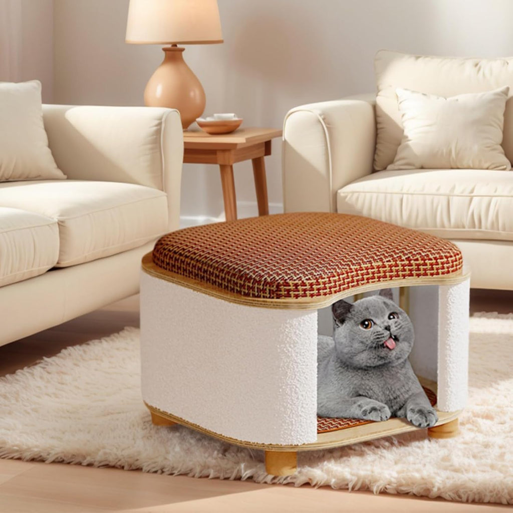 Multi-Functional Wooden Cat Cabinet, Cat Bed with Scratch Pad & Rattan Cushion, Hidden Cat Cave & Ottoman Stool