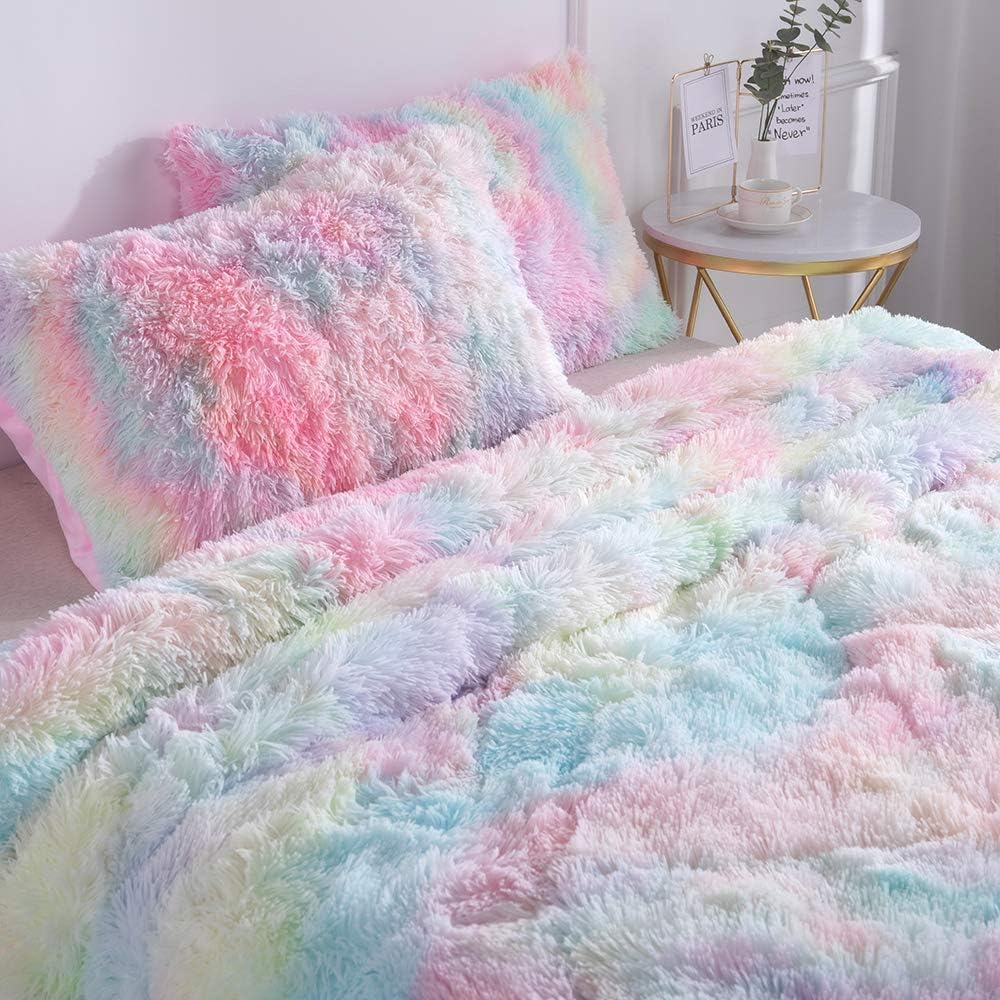 Faux Fur Plush Rainbow Comforter Set Fluffy Fuzzy Shaggy Bedding Set - 3PC Full Microfiber Soft Warm Quilt Set