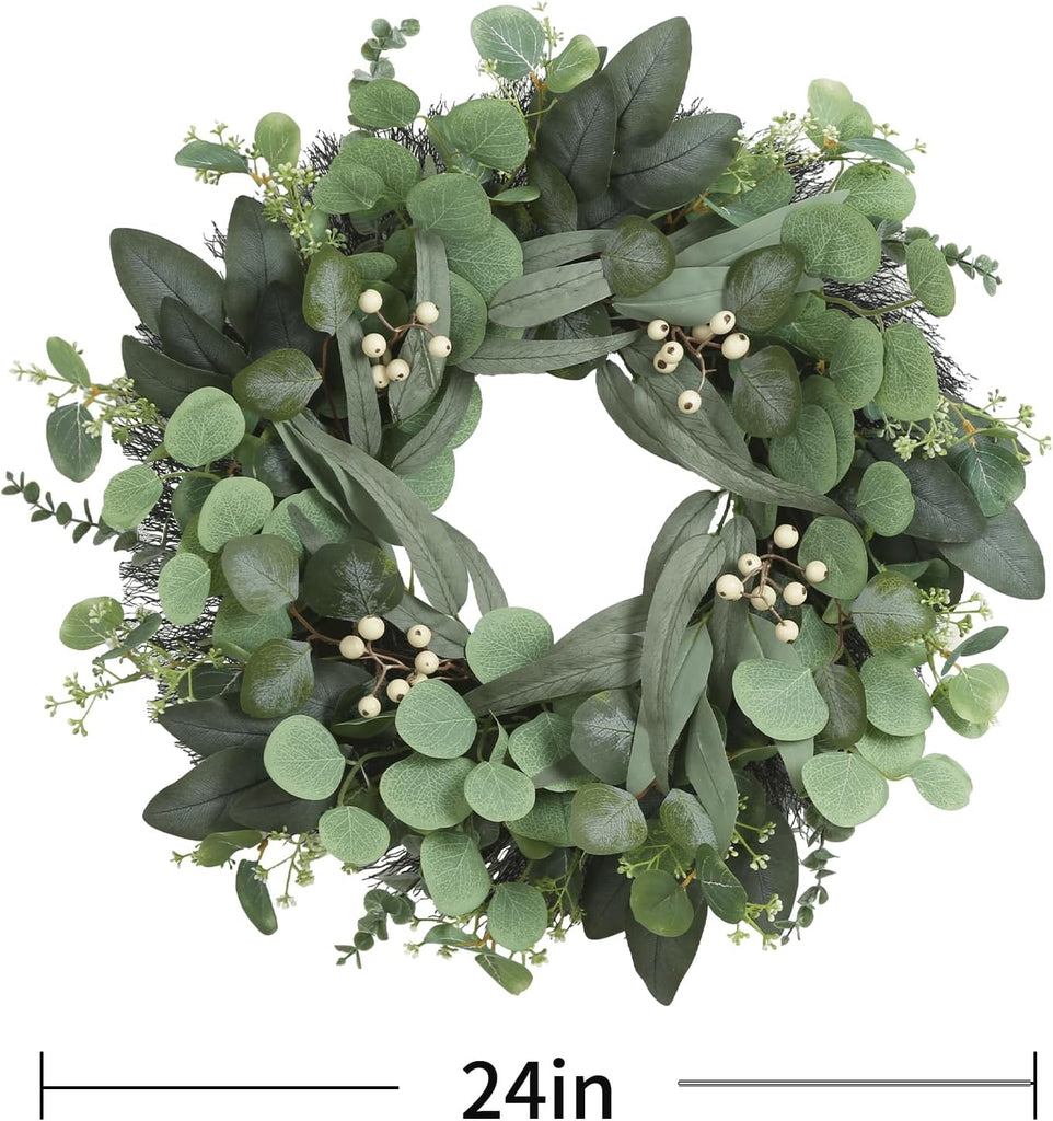 24 Inch Eucalyptus Wreath for Front Door, Artificial Greenery Wreath with White Berries, Green Door Decor Outdoor