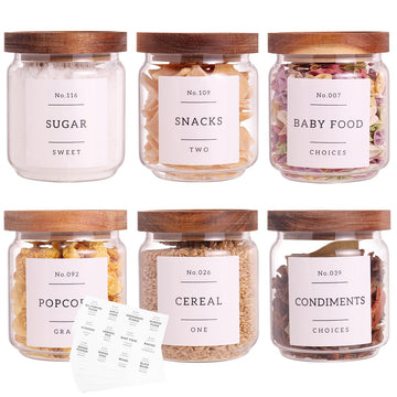 6 Set Glass Pantry Storage Jars with Acacia Airtight Lid - 15oz Thicken Glass Kitchen Canisters with 132 Pantry