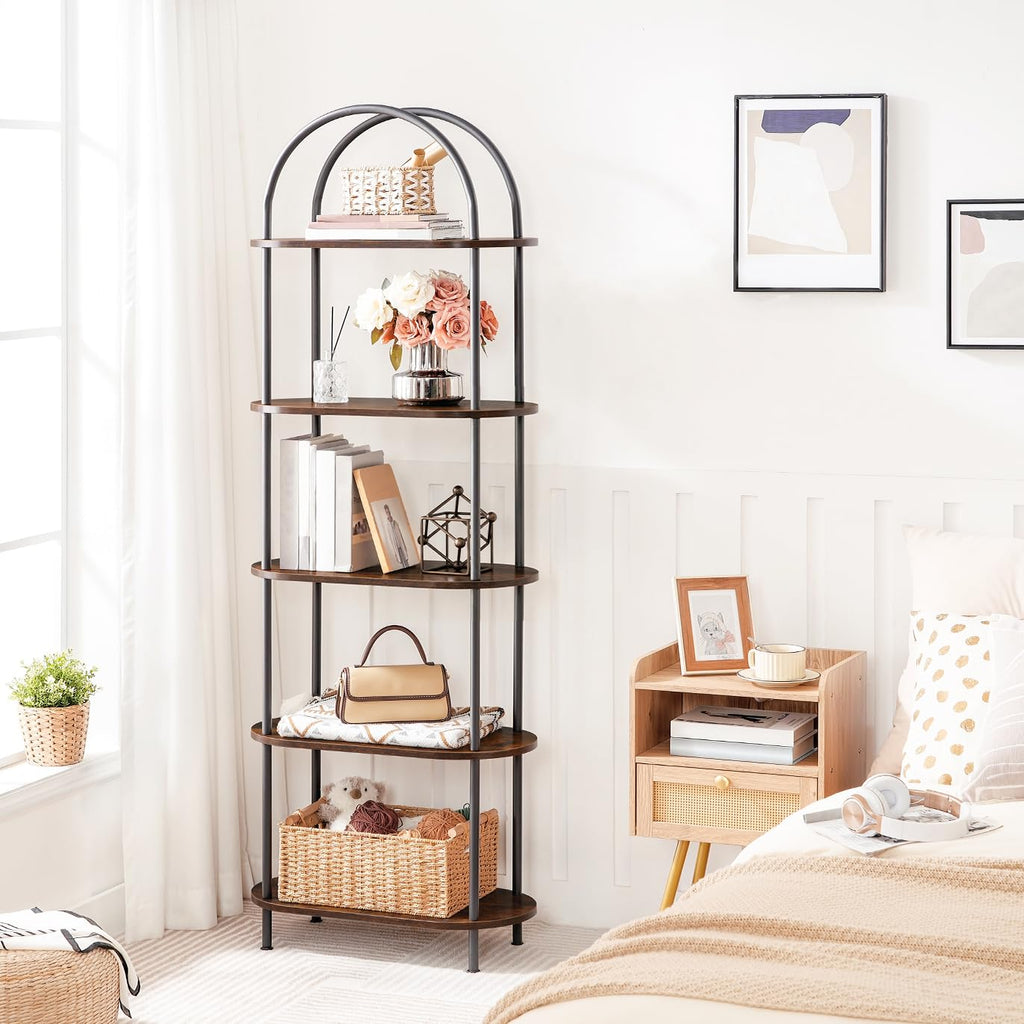 5 Tier Open Bookshelf, Industrial Arched Bookcase Display Shelf Rack, Wooden Bookcase Storage Shelf Metal Frame, Tall