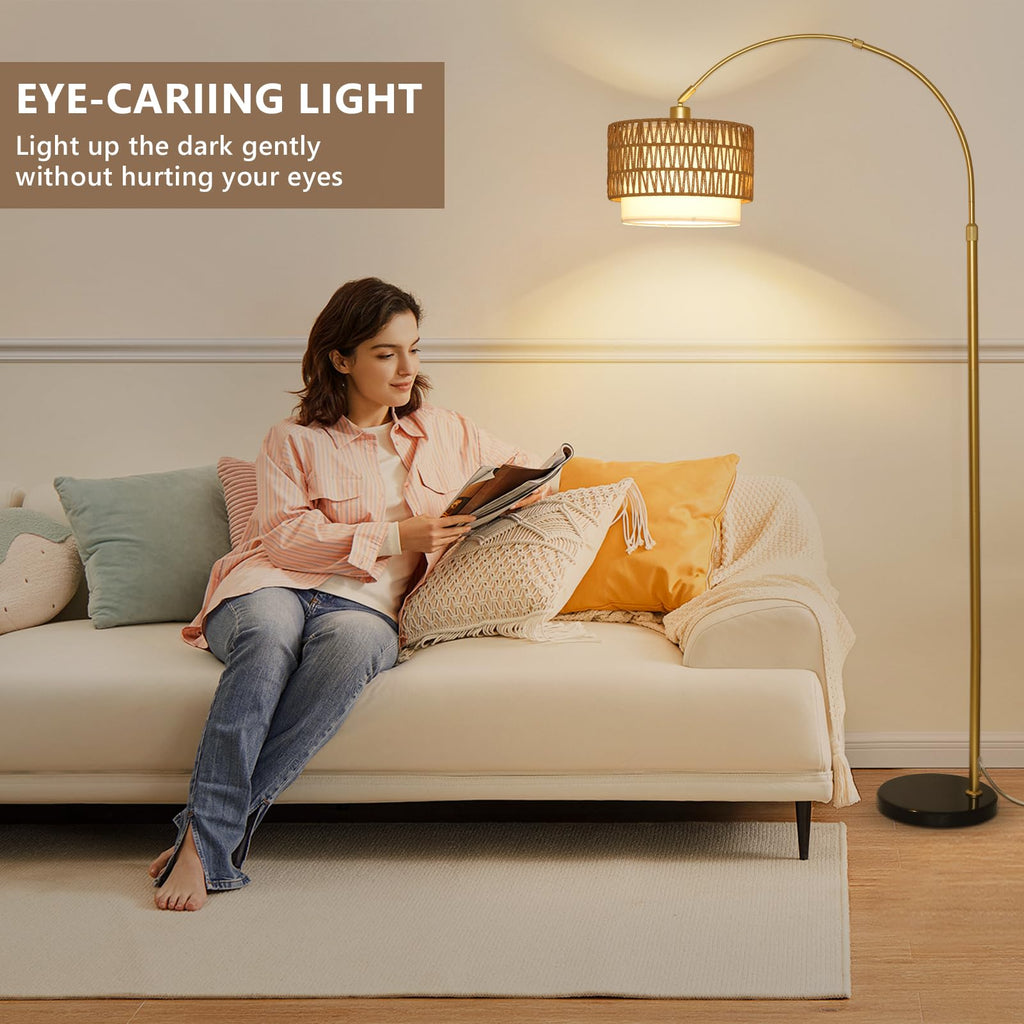 Arc Floor Lamp with Rattan & Linen Shades, Gold Floor Lamp with Remote & Dimming Bulb, Rustic Standing Lamp with 3