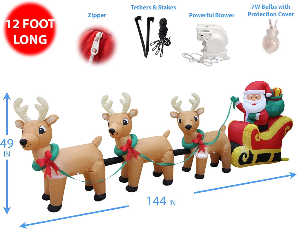 12 FT Long Lighted Christmas Inflatable Santa on Sleigh with 3 Reindeers