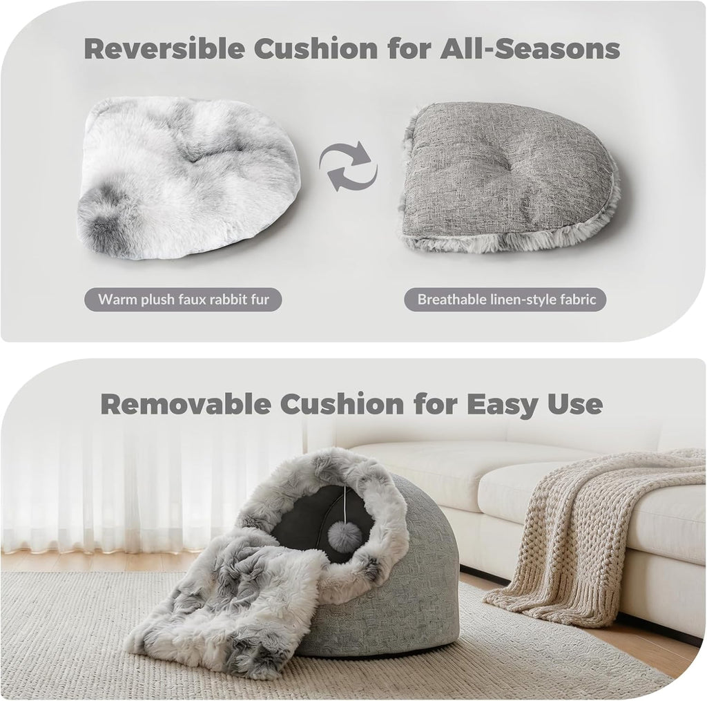 Cat Bed Cave for Indoor Cats, Semi-Enclosed with Washable Cushion