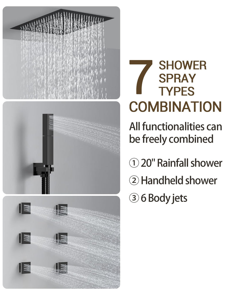 20" LED Ceiling Shower System with 6 Jets & Handheld, Matte Black