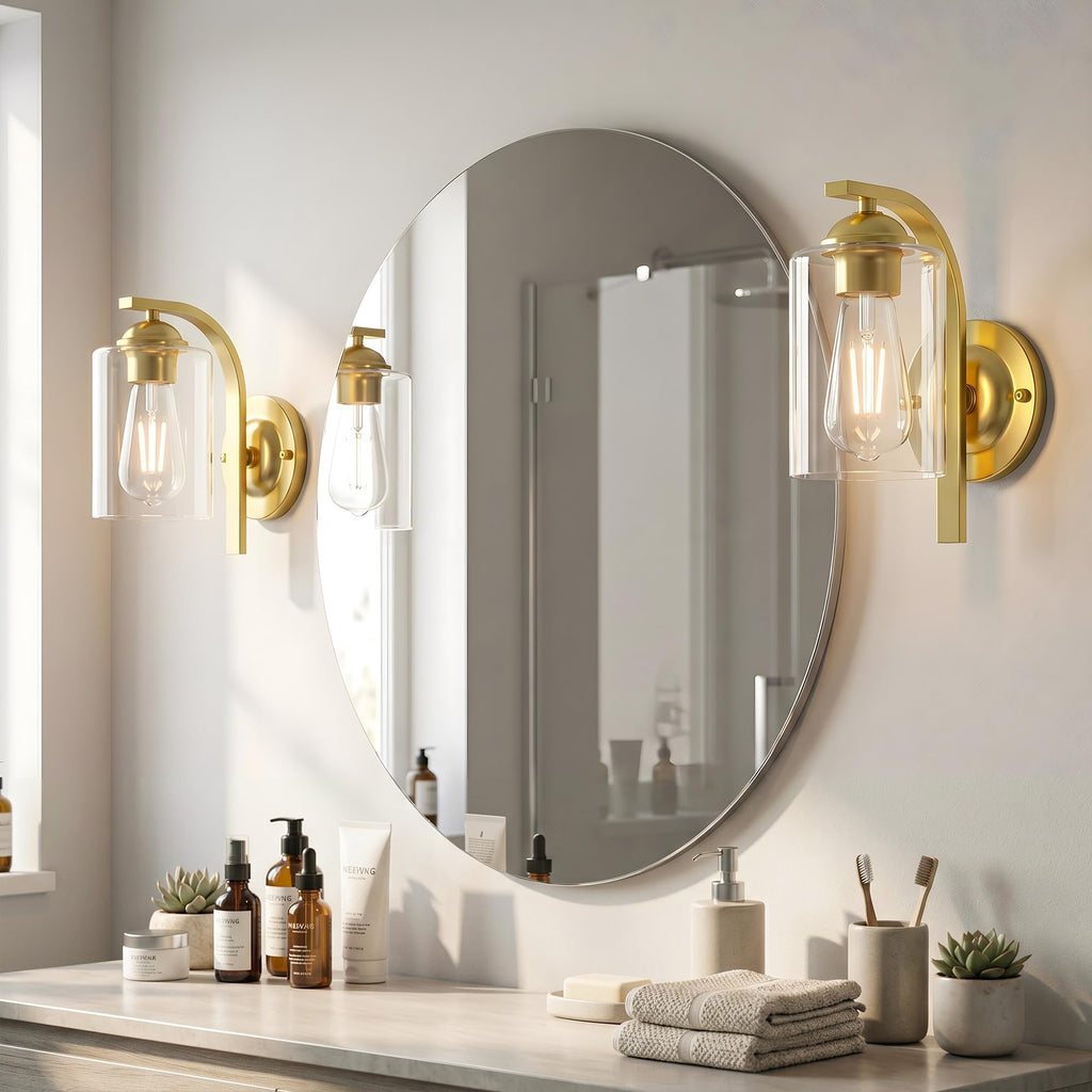 2-Pack Wall Sconces Lights Lamp Bathroom, Modern Vanity Light Fixtures, Gold Farmhouse Wall Mount Lighting Lanterns