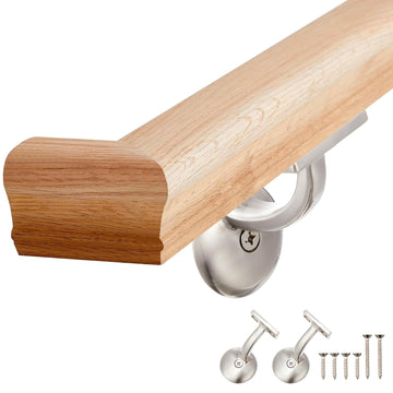 6010 Red Oak Handrail Kit 7 ft with 90° Wall Returns and Wall Mount Brushed Nickel Brackets Indoor Wood Stairs