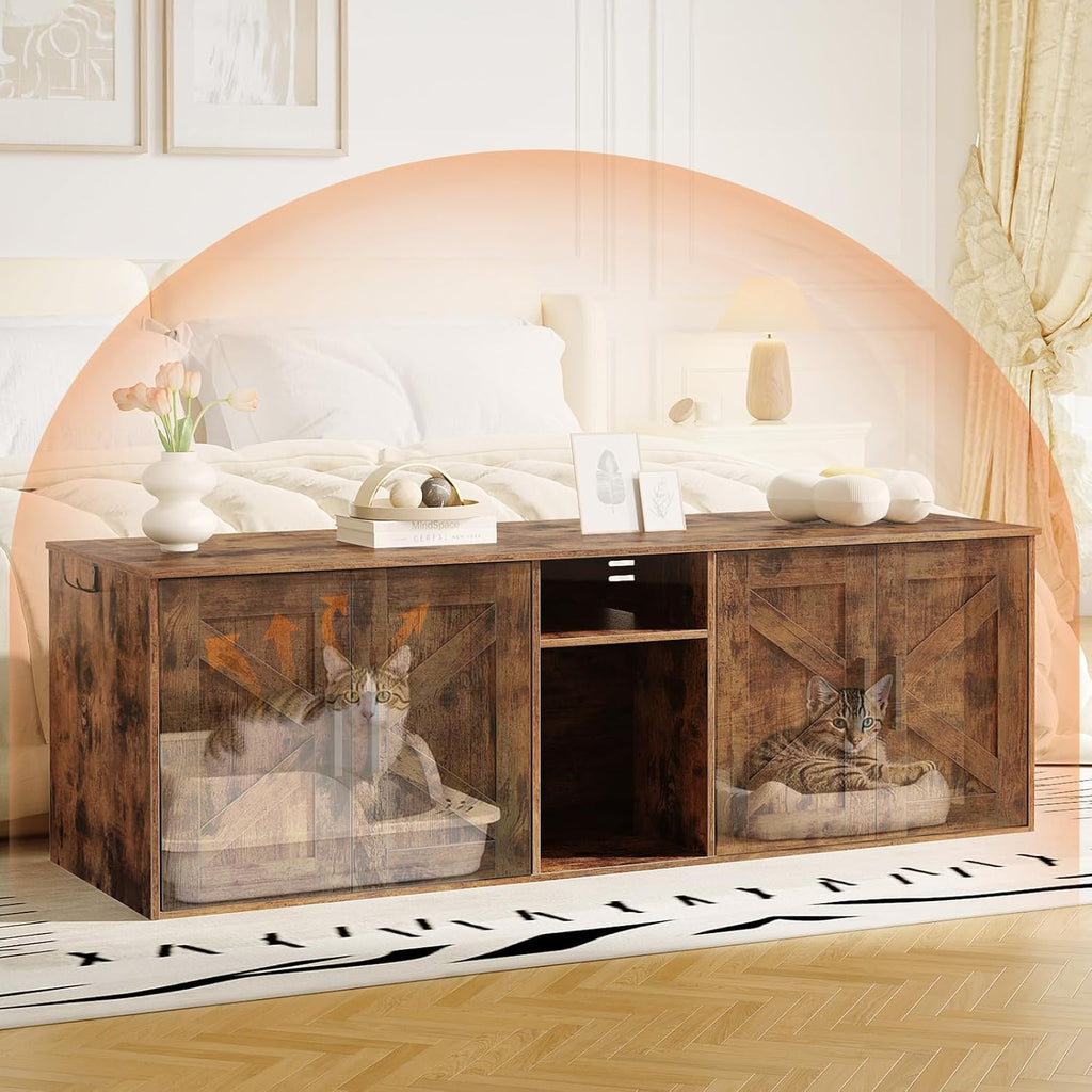 Double Litter Box Enclosure, Hidden Litter Box Enclosure with Corridor, Cat Litter Box Furniture with Storage Layer
