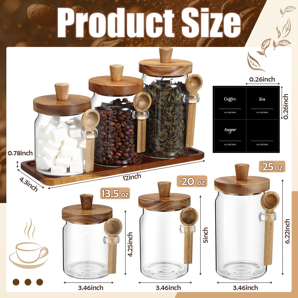 3 Pcs Glass Coffee Container Set, 13.5, 20, 25 oz, Acacia Brown