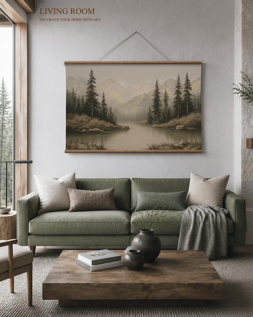 Extra Large Framed Wall Art, Mountain Lake Forest Print, 36x54In