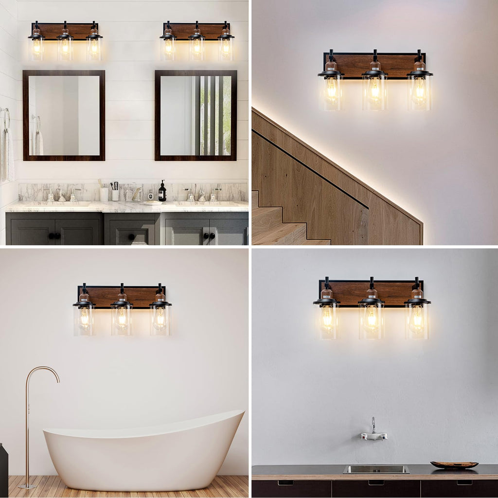 3-Light Farmhouse Bathroom Light Fixtures Vintage Vanity Lights Over Mirror Black and Wood Painted Metal Vanity Light