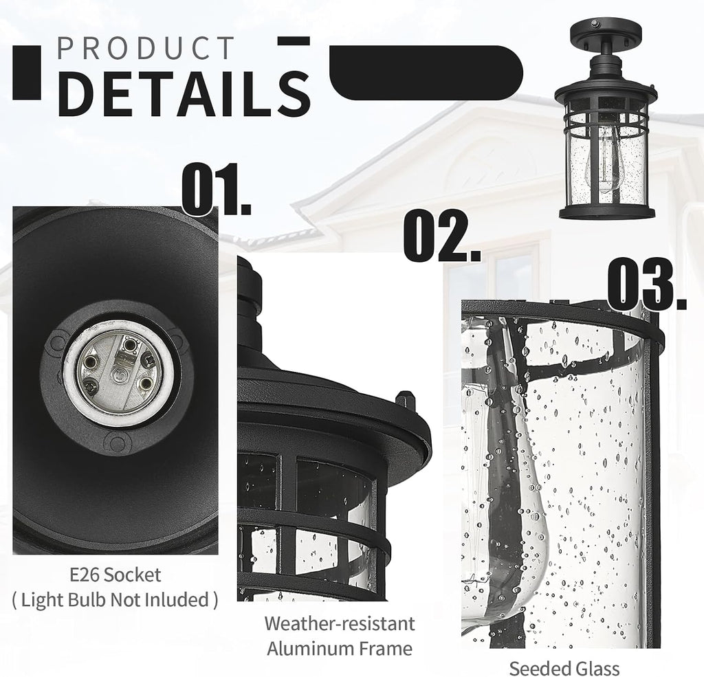 Semi Ceiling Light Fixtures, Dusk to Dawn Black Flush Mount Ceiling Lighting with Waterproof Seeded Glass Shade