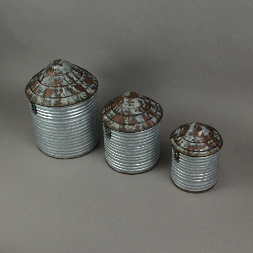 Set of 3 Farm Silo Canisters, 10.75 Inch Tall, Grey Galvanized Zinc Finish