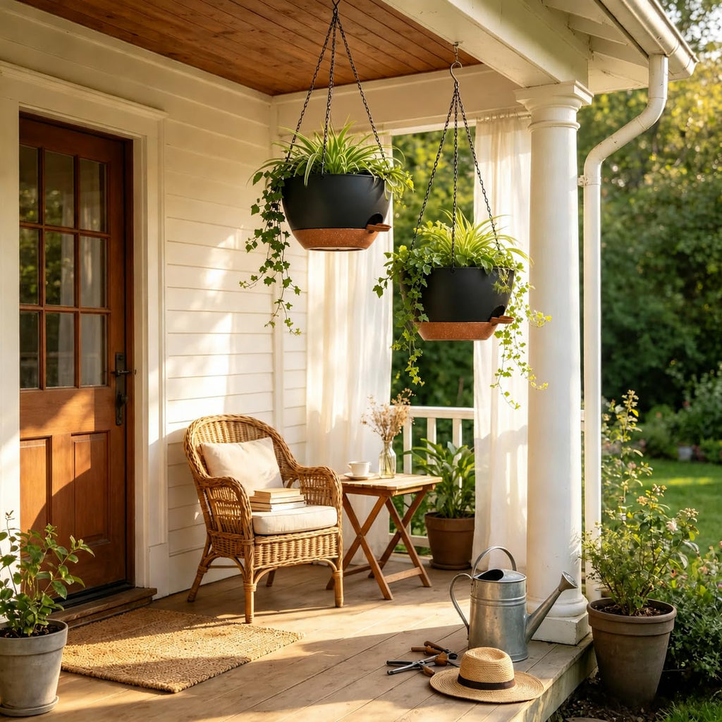 12" Self Watering Hanging Planters with Chains, Black Brown, 2 Pack