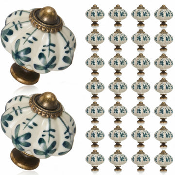 30 Pcs Ivory Pumpkin Knobs, Vintage Cabinet Knobs, Green Floral