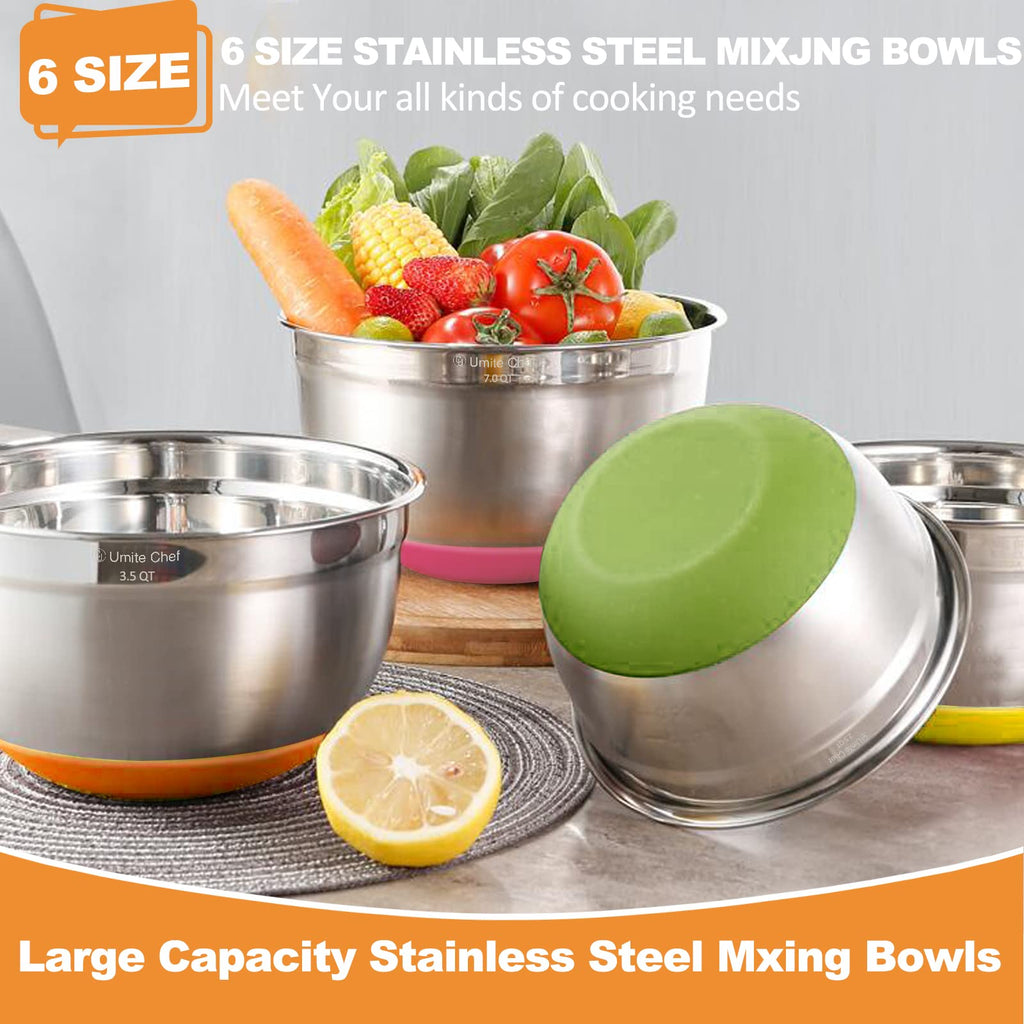 Mixing Bowls with Airtight Lids, 6 Piece Stainless Steel Metal Bowls, Measurement Marks & Colorful Non-Slip Bottoms
