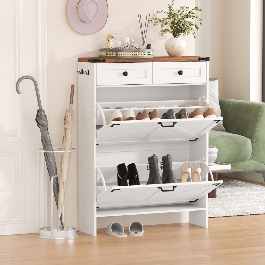 Shoe Cabinet with 2 Flip Drawers, Hidden Shoe Storage Cabinet with 2 Pull-Out Drawers, Farmhouse Shoe Organizer