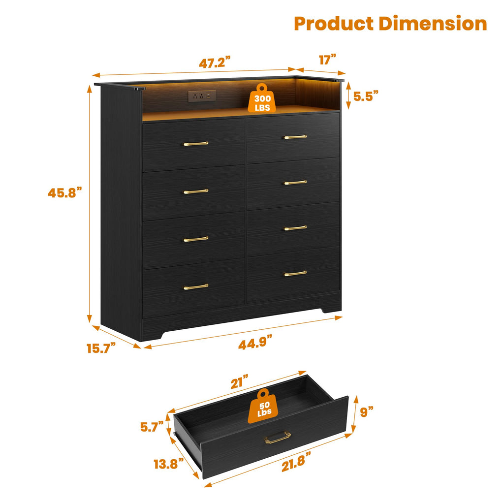 8 Drawer Dresser with LED Light and Charging Station, Black