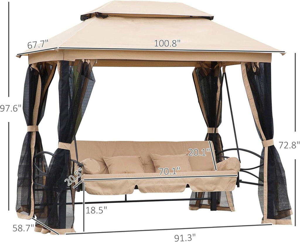 3-Seat Patio Swing Chair, Outdoor Gazebo Swing with Double Tier Canopy, Mesh Sidewalls, Cushioned Seat and Pillows
