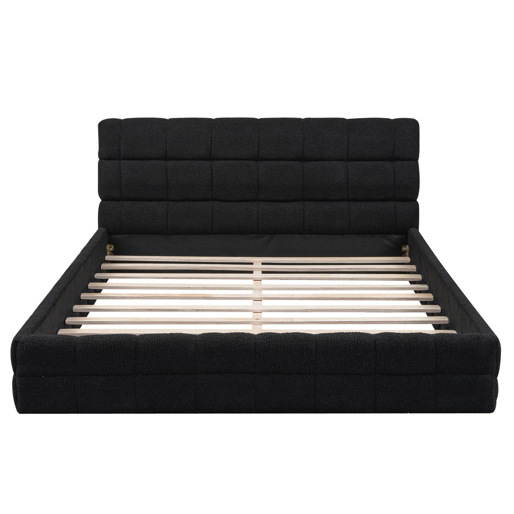 Queen Size Upholstered Platform Bed, Fleece Floor Bed with Tufted Headboard, Luxurious Low Profile Bed Frame with