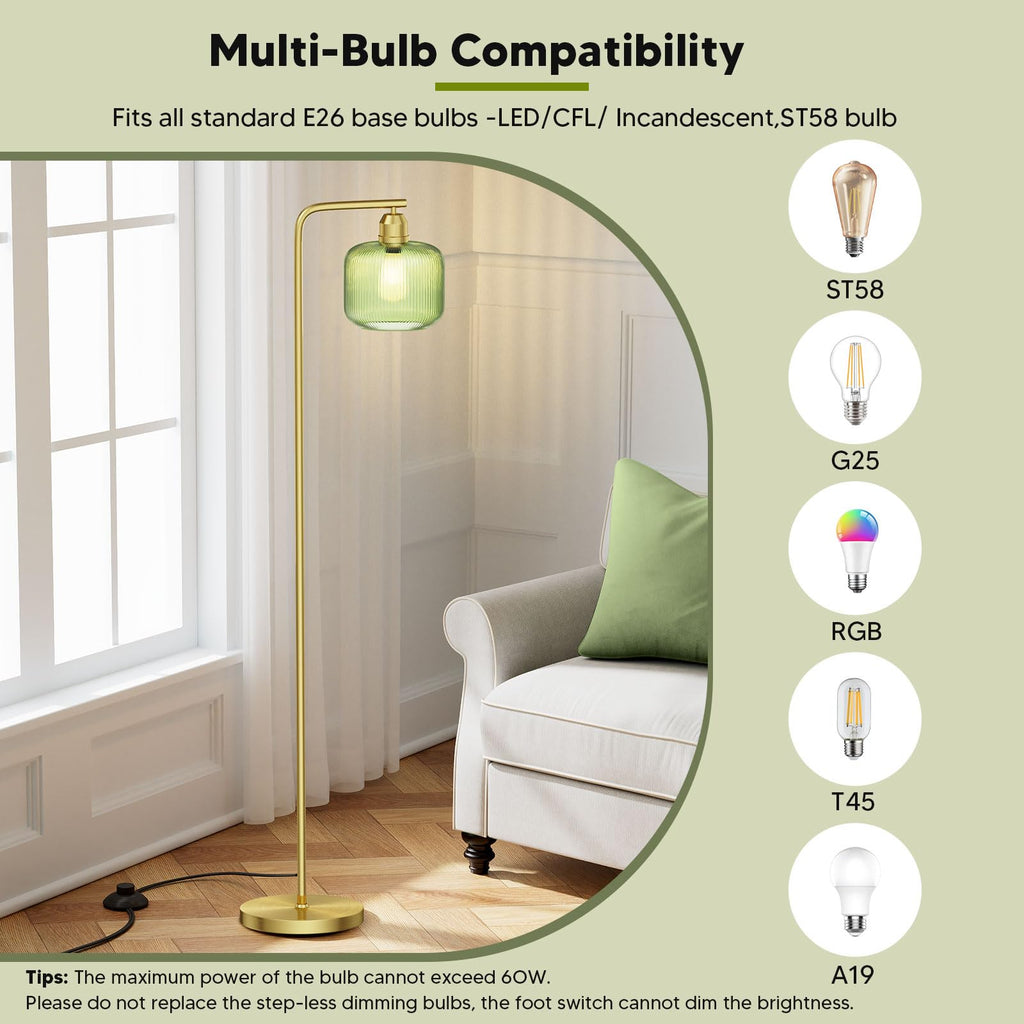 66" Gold Floor Lamp, Standing Lamp with Green Ribbed Glass