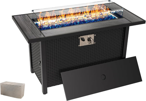 45″ Outdoor Propane Fire Pit Table – 50000 BTU Rectangular Patio Fire Table with Glass Wind Guard, Cover & Fire Glass – Modern Gray Steel Outdoor