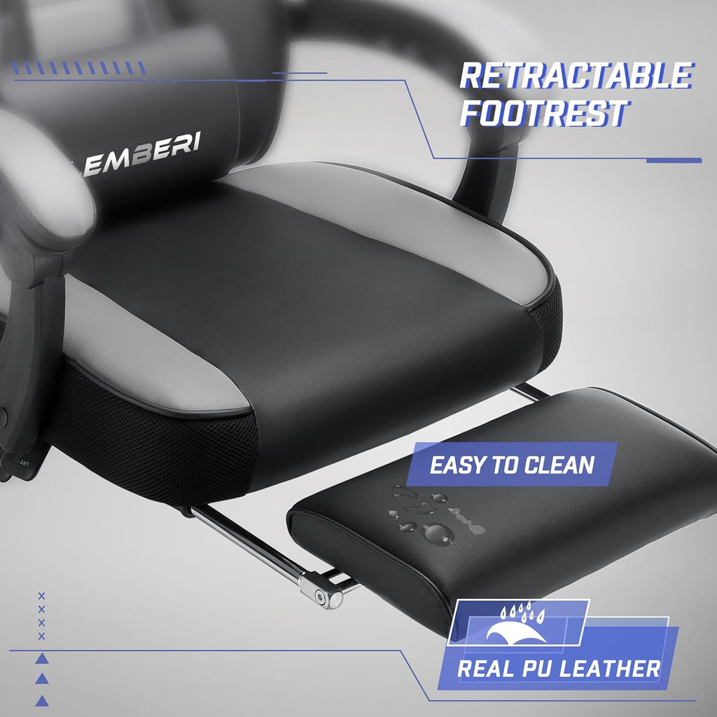 Ergonomic Gaming Chair with Footrest, 400lb Weight Capacity, Gray | Big and tall racing style computer video game