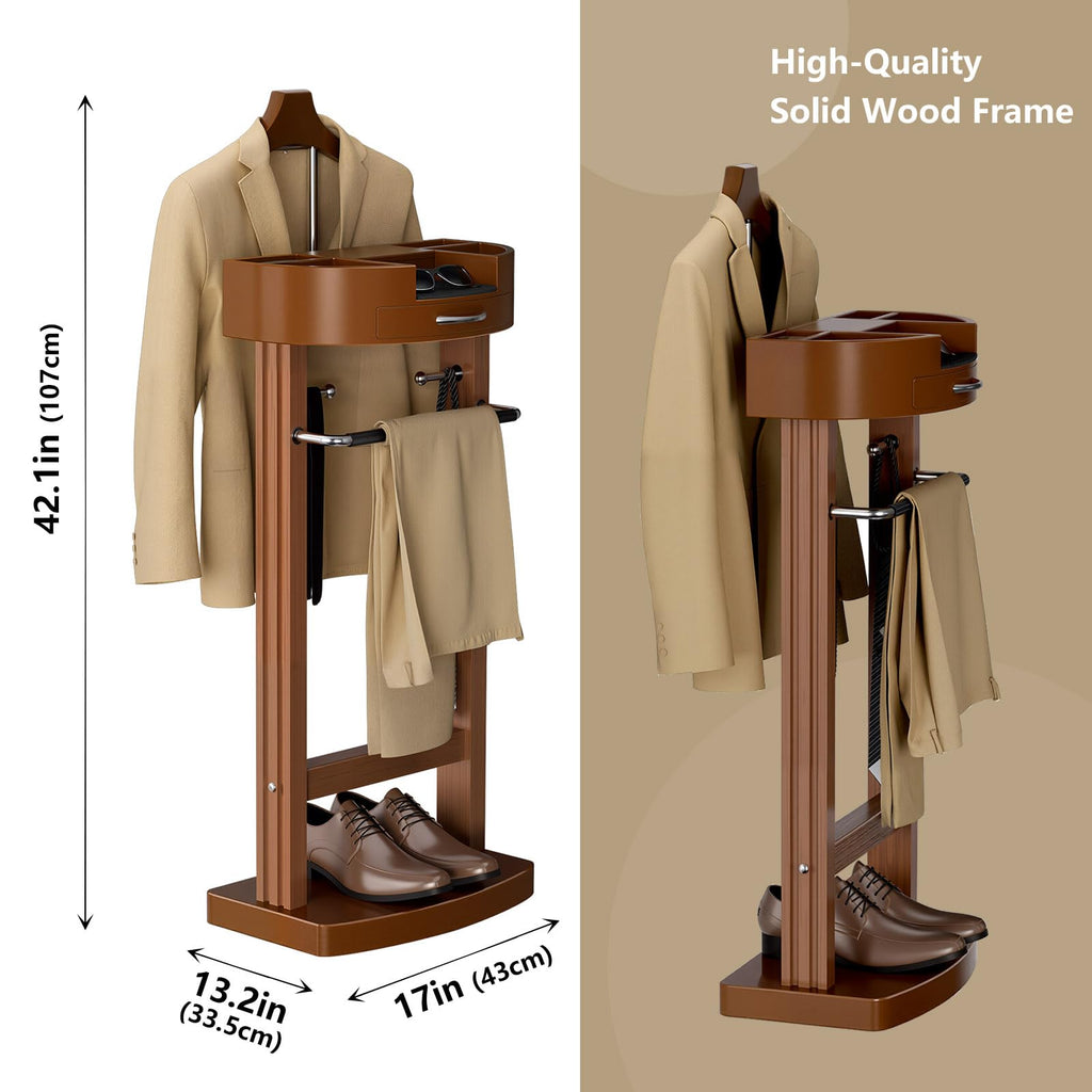 Freestanding Solid Wood Suit Valet Stand with Tie Bar, Suit Stand for men
