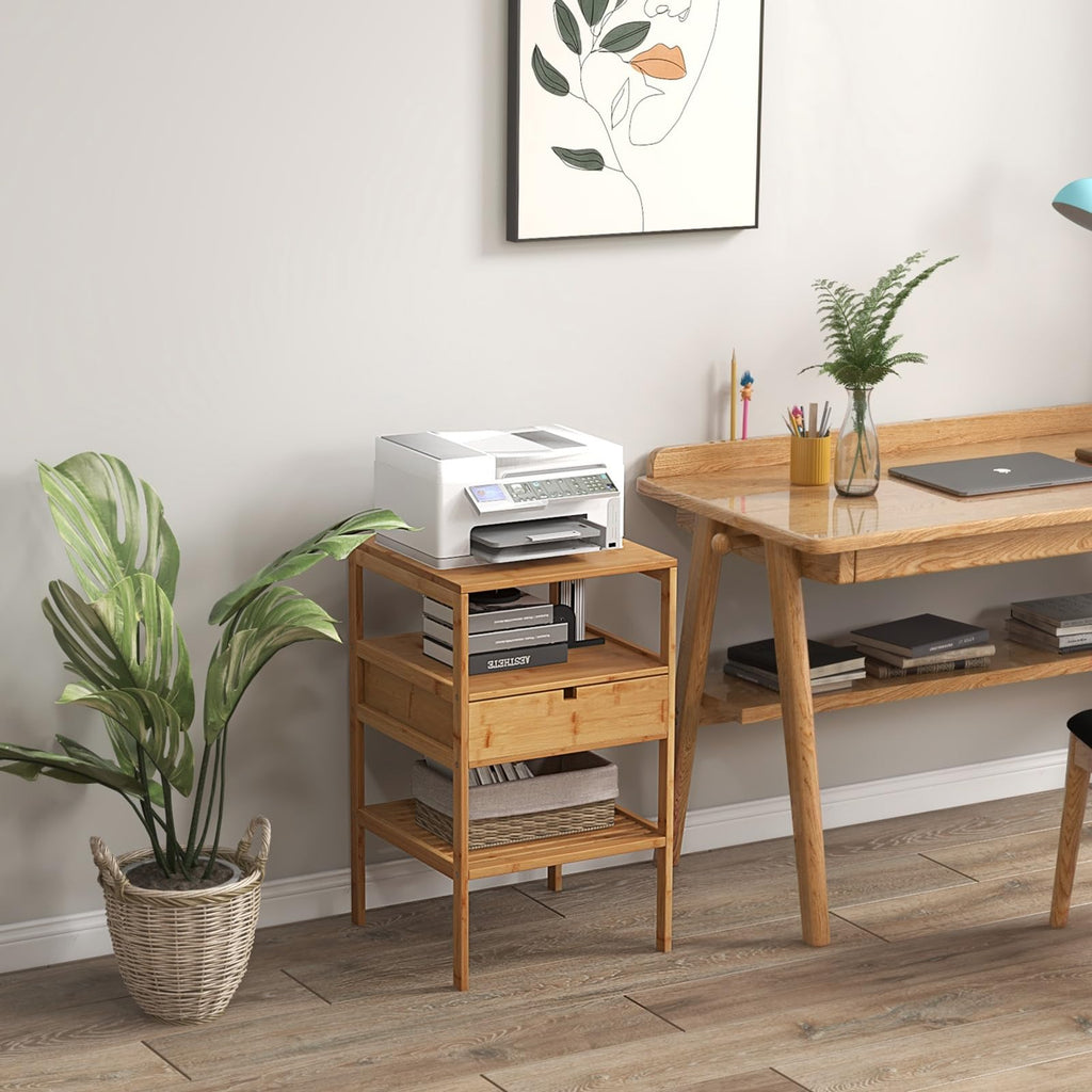 3-Tier Bamboo Nightstands Set of 2 with Drawer, Open Shelf, Natural