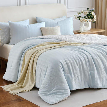 Blue Seersucker Comforter Striped Reversible Minky Dot Bedding Set