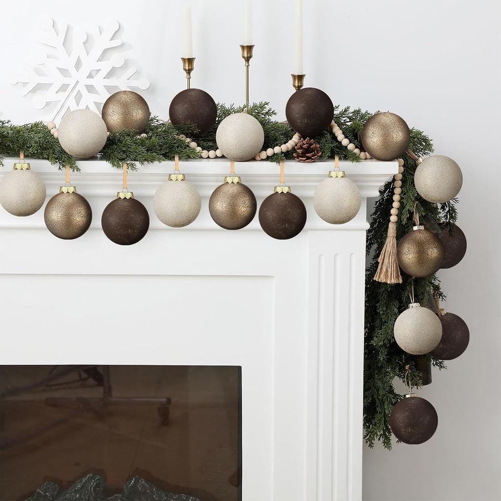 12 Pcs Neutral Christmas Ornaments, 3.15'', Ivory Gold Bronze