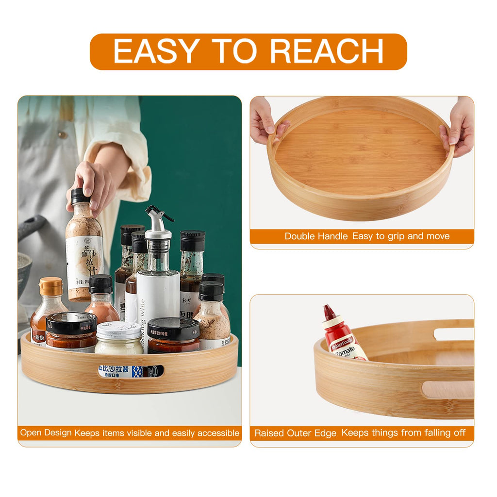 Lazy Susan Organizer 14 inch, Bamboo Lazy Susan for Table, Kitchen Turntable Organizer with Double Handles, Round