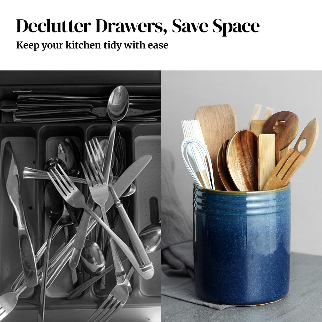 7.2" Kitchen Utensil Holder, Extra Large Farmhouse Utensil Holders for Countertop, Ceramic Utensil Crock, Anti Slip