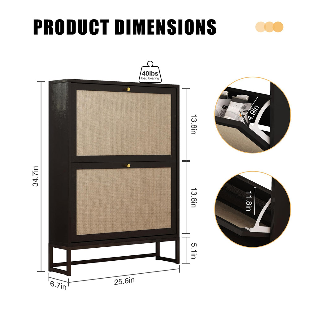 Black Narrow Shoe Cabinet, Hidden Slim Shoe Storage Cabinet, 25.6"x34.7" Flip Drawer Shoe Oraganizer Rack with Metal