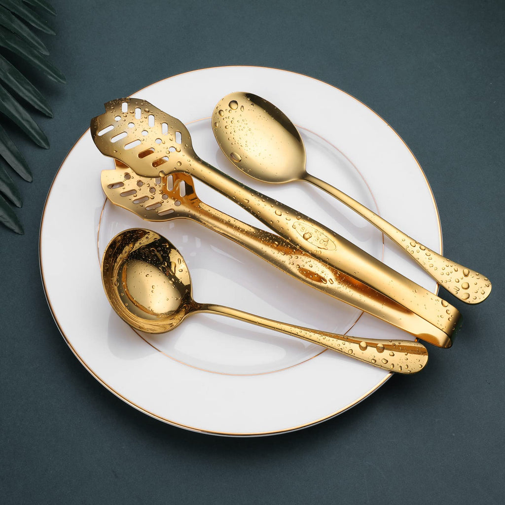 Gold Serving Utensils, 15-Piece Stainless Steel Gold Serving Utensils Set Include Serving Spoons, Slotted Serving