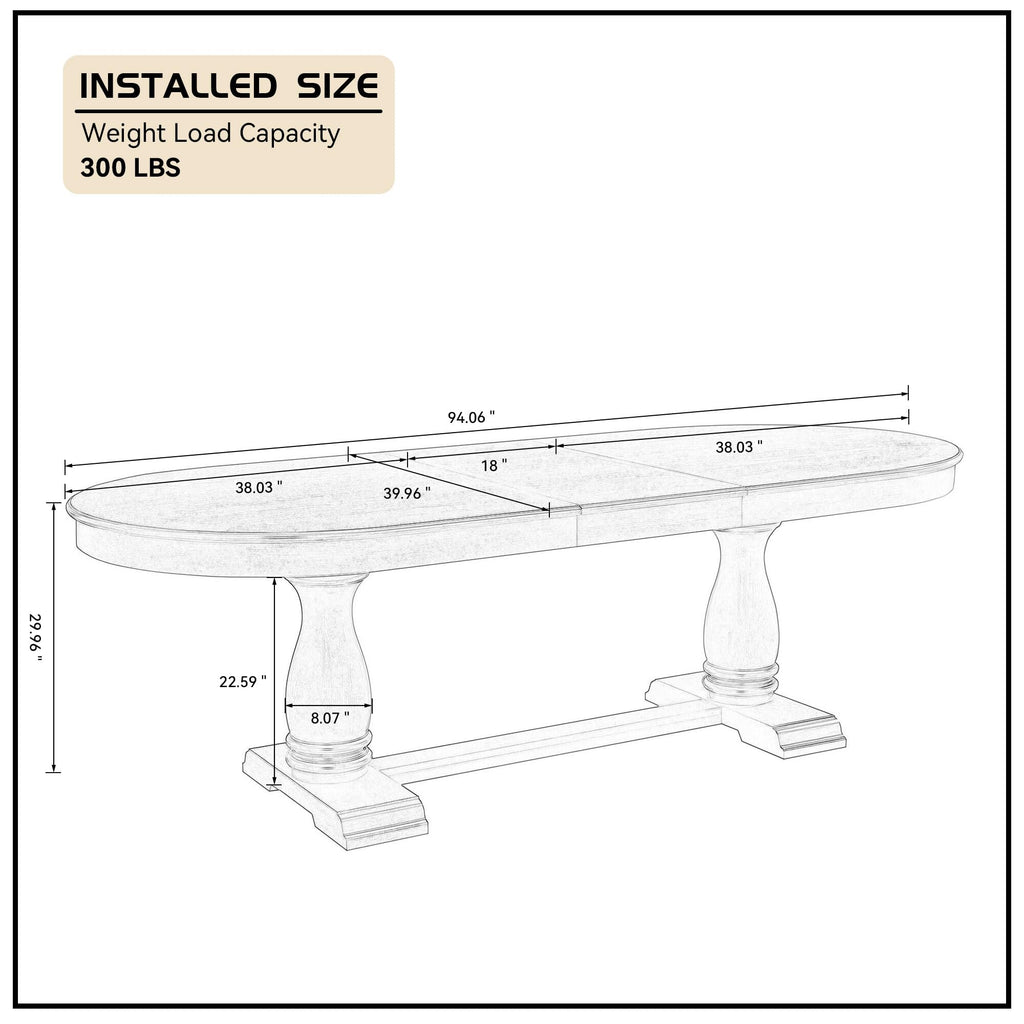 94.06" Oval Extendable Dining Table for 6 to 8, Country Rustic Farmhouse Solid Wood Kitchen Table with Sturdy Leg