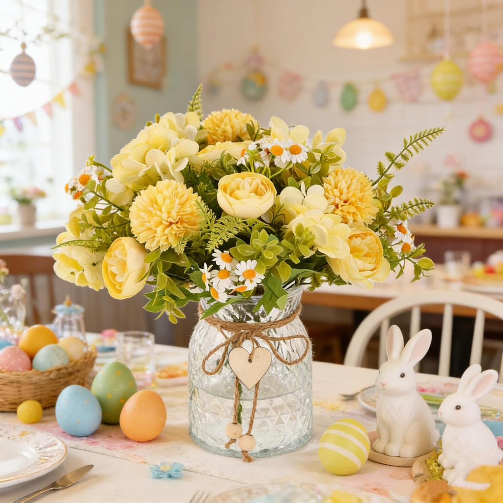 Faux Flowers with Vase,Artificial Silk Peony in Vases Fake Flower Hydrangeas Arrangement for Dining Table Home Office