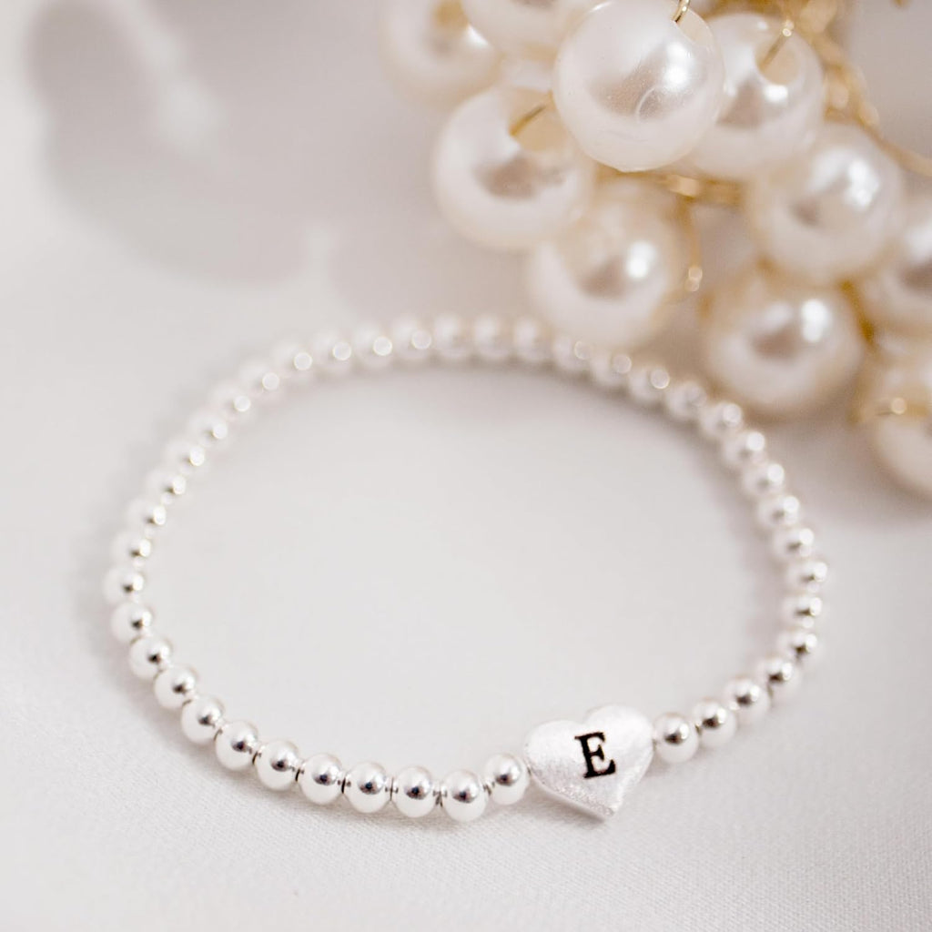 925 Sterling Silver Initial Bracelet for Baby Girls, Personalized Heart Charm Keepsake, Hypoallergenic Dainty Stretch