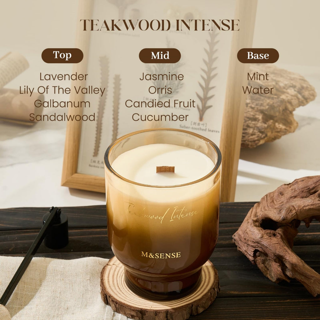 16.6oz Natural Soy Large Jar Candle with Wooden Wick | Teakwood Intense Scent | 95-Hour Burn & Long-Lasting Burn