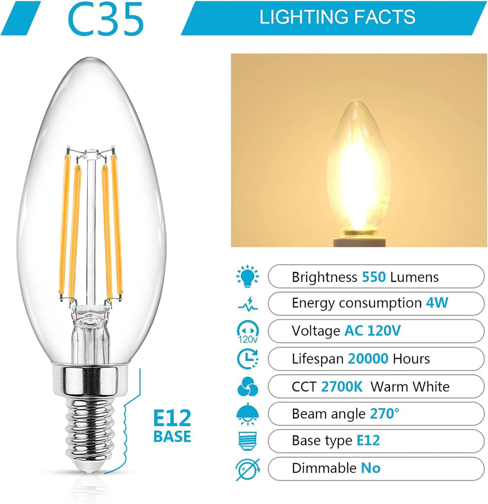 E12 Candelabra LED Light Bulbs 60 Watt Equivalent, Warm White 2700K, Non-Dimmable, 550 Lumen, Clear LED Filament
