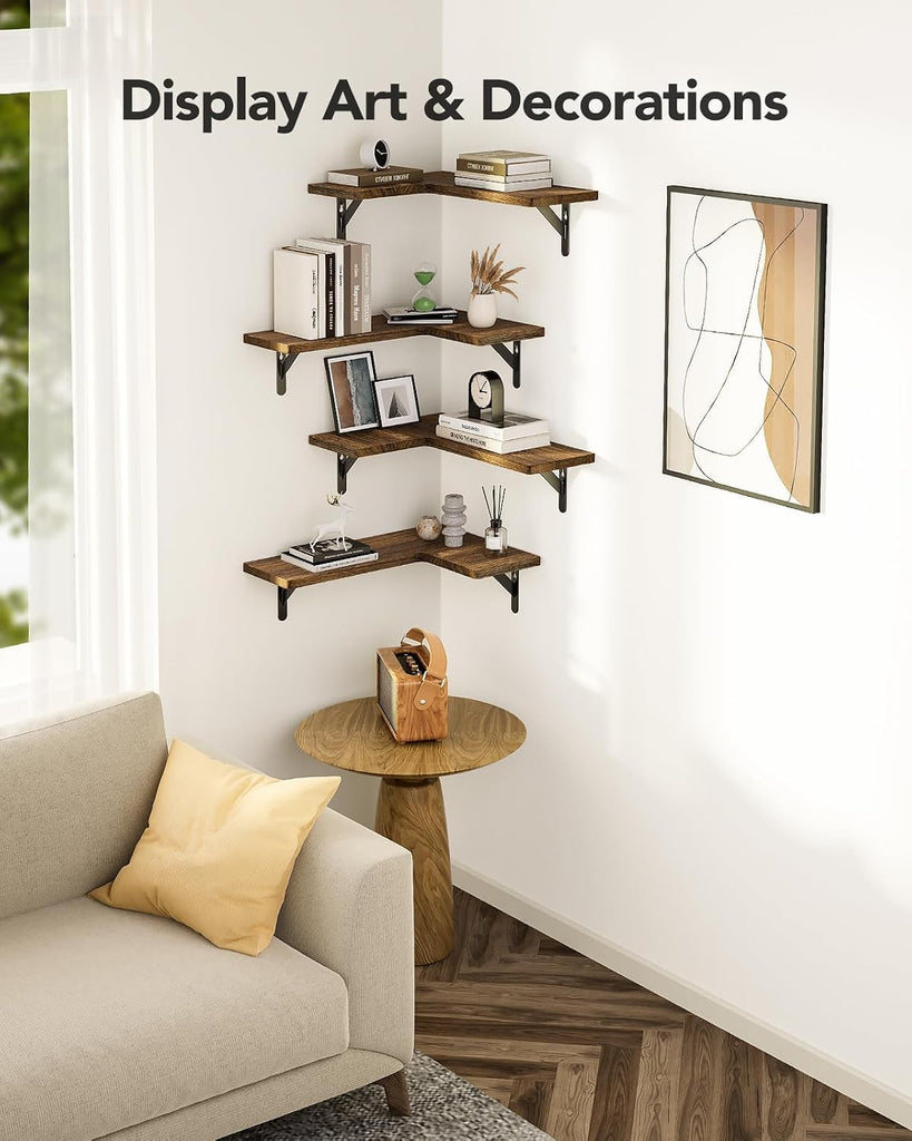 Corner Floating Shelves, Paulownia Wood, Set of 4, Brown